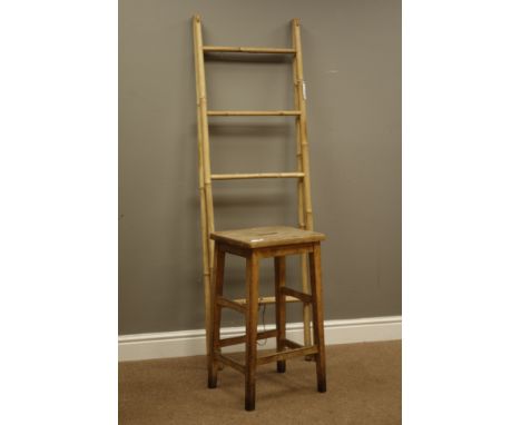 Bamboo folding stand/clothes horse (H160cm), 20th century beech stool and a white painted ladder and a metal guillotine and b