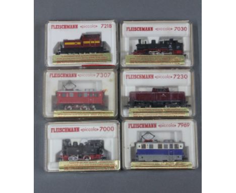 A group of 6 Fleischmann Piccolo N Scale model steam locomotives, electric locomotives and shunter:- diesel lock DB 212 181-2