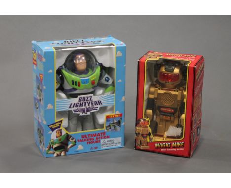 A boxed battery operated "Magic Mike II" robot toy with smoking action and a Disney Buzz Lightyear ultimate talking action fi