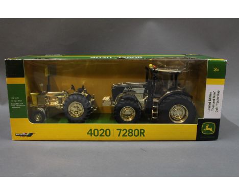 A Britain's limited edition John Deere "Then and Now" gold tractor duo, 4020/7280R 