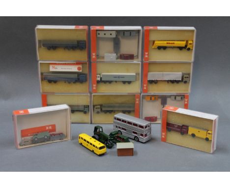 A group of 11 Wiking N Scale model vehicles and a small collection of other model vehicles  