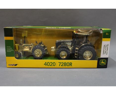 A Britain's limited edition John Deere "Then and Now" gold tractor duo, 4020/7280R