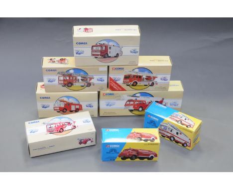 A group of 7 Corgi Classics model fire engines and an AEC Ladder Bristol fire engine Corgi box  