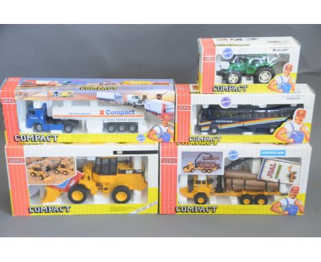 A group of 5 boxed Joal compact diecast model vehicles consisting of a CAT 918F Caterpillar loader (184), a 4-wheel tractor (