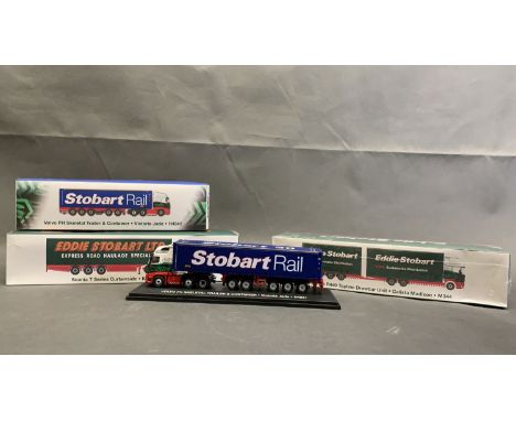 3 Eddie Stobart lorries, boxed and in mint condition, scale 1:76, die cast metal      Volvo FH Skeletal Trailer & Container, 