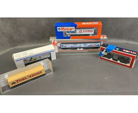 00/H0 gauge 5 mixed freight cars by Fleischmann, Marklin, LIMA, Roco and 2 by LIMA, appear unused and all boxed