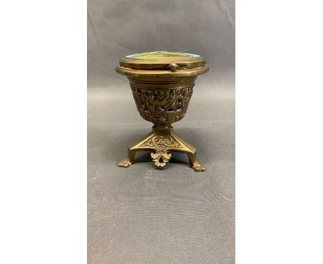 An antique possibly ecclesiastical ink well with enamel top depicting George and the Dragon, with the names of Saint Johannes
