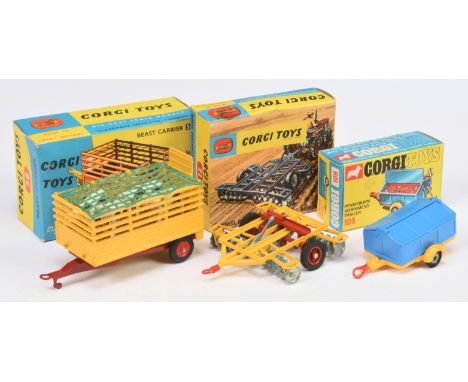 Corgi Toys group of Trailers comprising of (1) 58 Beast Carrier - yellow, red including plastic hubs, green plastic netting, 