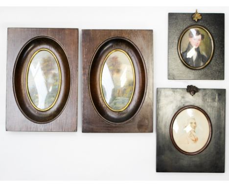 A mid Nineteenth Century portrait miniature of a young gentleman, painted on ivory, oval height 7.5cm, together with a waterc
