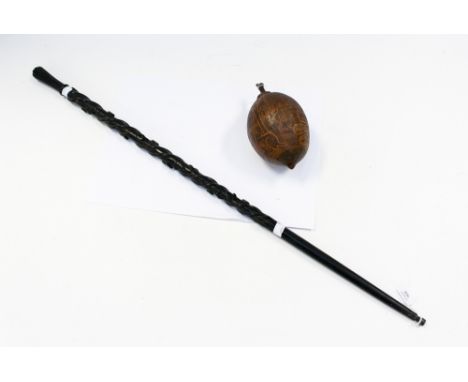 An ebony walking stick carved HONI SOIT QUI MAL Y PENSE 'Evil on him who thinks Evil' (Order of the Garter motto) with a carv