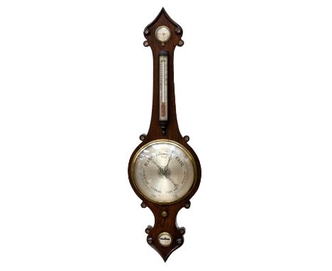 An early Victorian rosewood and mother of pearl inlaid banjo barometer by J. Pensa and Sons of 5 Greville Street, Hatton Gard