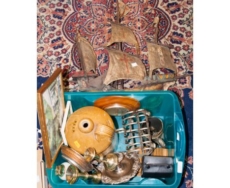 Mixed lot containing model ship, barometer, pictures and metalware