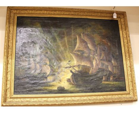 Hunt, A (XX) an oil seascape with galleons, signed 