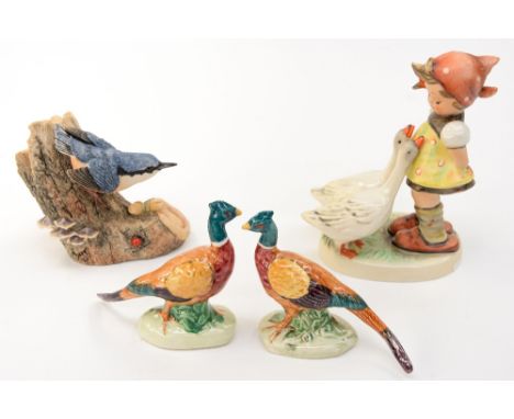 Two Beswick Pheasants, a Goebel Goose Girl, Border Fine Arts Kingfisher (4) 