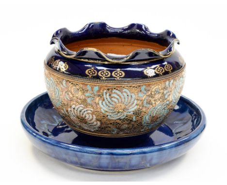 A Royal Doulton planter with a large shallow blue drip glaze bowl (2) 