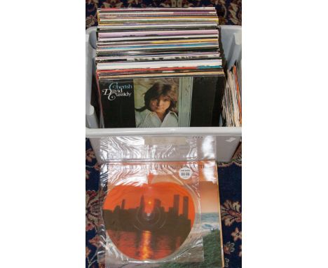 A box of assorted vinyl records, including Queen, picture discs, etc, Michael Jackson, Frank Sinatra 