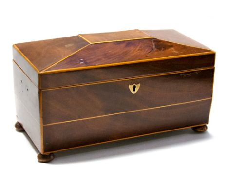 A late George III mahogany and satinwood banded tea caddy of sarcophagus form, lacks side handles and internal fittings, late