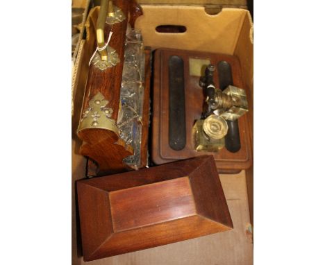 A Victorian tantalus, Georgian tea caddy and a wooden desk stand (3) 