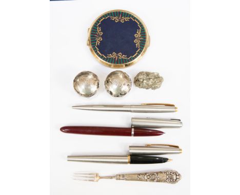 Two Parker Fountain pens and a matching ball point, a filled silver tit bit fork, Stratton compact and two silver topped pots