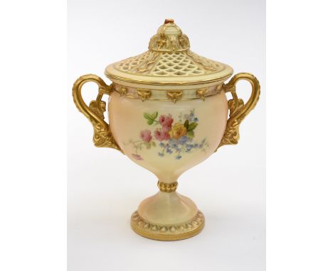 A Royal Worcester blush ivory vase and pierced cover (a/f)