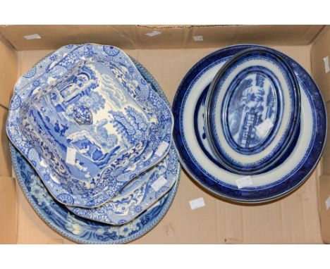 Spode blue Italian vegetable dish and cover and meat plate, a quantity of Ashworth's Flow Blue, 'Anton', plates and dishes, e
