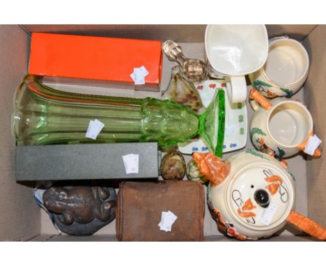 A parcel lot to include box camera, ceramics, slate mantle clock, etc (one box) 