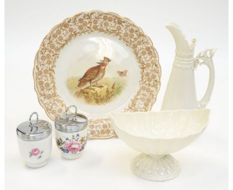 A Royal Worcester pitcher reg no. 84457, a cabinet plate, reg no. 115187 and a pair of coddlers (4) 