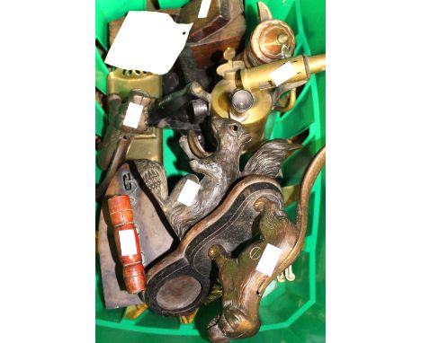 Three novelty nut crackers, to include a squirrel and two dogs, two metal model rocking horses, blow lamp, woodworking plane,