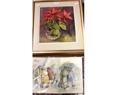 An unframed watercolour signed M. Clarkson '90 'Shopping in the Rain' with a framed watercolour Sidney Wright 'Pointsettia' (