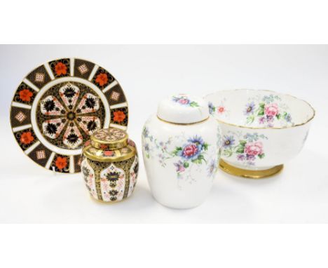 A Royal Crown Derby 1128 Imari ginger jar and cover, a 1128 plate (2nd) an Old Avesbury bowl and three items of Crown Staffs 