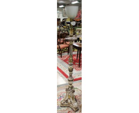 A Nineteenth Century giltwood floor standing lamp, painted white and gilt, fluted column with acanthus moulded base, triangul