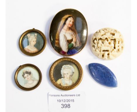 A Ruskin button, three miniatures, an ivory carved brooch and a 9ct painted brooch (one bag) 