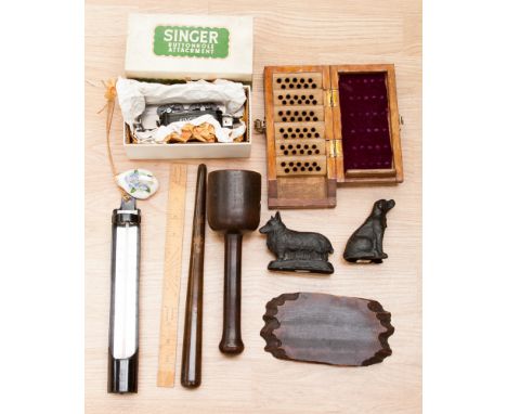 A parcel lot to include hardwood mallet cosh, figures, thermometer and wooden game 