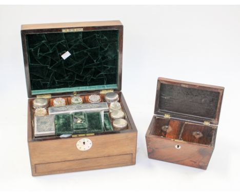 A travel box, inlaid with mother of pearl, having cut glass bottles, with EPNS covers to interior, also nail file, button hoo