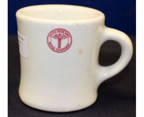 WW2 US Army Medical Department stone ware mug. Red markings to side. Makers stamp to underside "China by Iroquois, USA C-1"