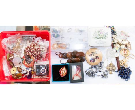 A box of assorted costume jewellery including Murano, Stratton compact, etc 