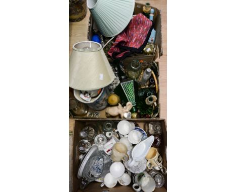 Three boxes of miscellaneous items including lamp, mirrors, glass, ceramics, tins and bottles 
