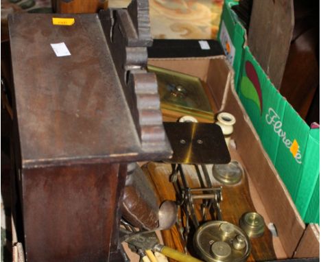 A mixed box including mantle clock, scales, barometer and miscellaneous items, together with a cased pair of binoculars and a