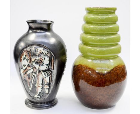 Two boxes of assorted ceramics including Denby planter, part tea services, etc, a large West German vase, together with anoth