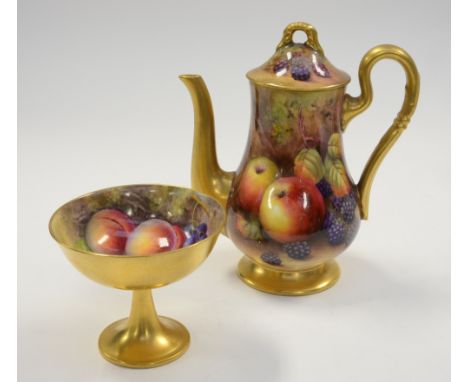 Royal Worcester mid Twentieth Century coffee pot and pedestal dish (af) signed by Price and Shuck, both with fruit designs (2