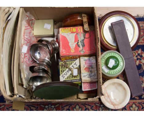 A wall barometer, slide rule, Rabones metallic wired tape, playing cards, small games and ephemera, parcel lot, to include to
