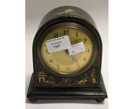 A Mappin and Webb Chinoiserie lacquered clock, having Arabique numerals and engine turned face 