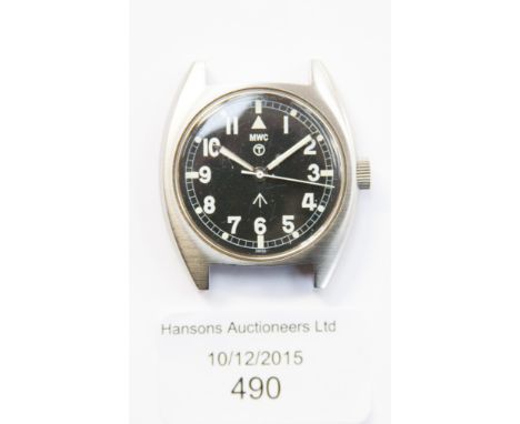  A military issue M W C steel wrist watch, arrow mark to black dial and watch back, numbered '6 BB-6645-99', '523-9290', '944