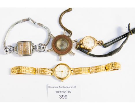 A rolled gold cased Ingersoll ladies wrist watch, circa 1950s, a chrome plated late 1930s Ancre ladies' wristwatch, a gold pl