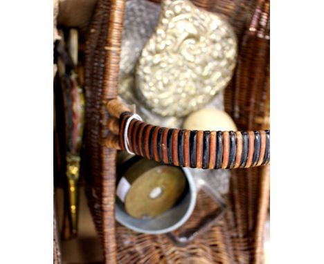 A collection of chisels and small wood working tools, together with a basket, stoneware match striker, brass weights, cutlery