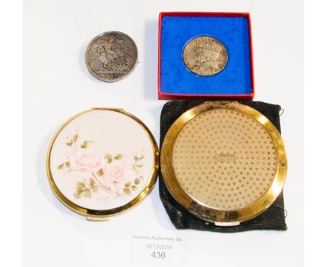 A Stratton powder compact, with another compact, signed by artist and two silver coins (4) 