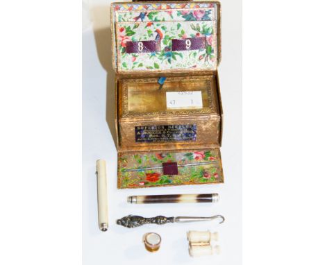 A needle box with a porcupine quill propelling pencil - silver metal fittings and S. Morden and Co Ivory and silver metal fit