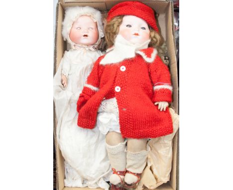 An Armand Marseille 351/4 in Christening dress, a Chad Valley monkey glove puppet, a Norah Welling style doll, teddy bear and