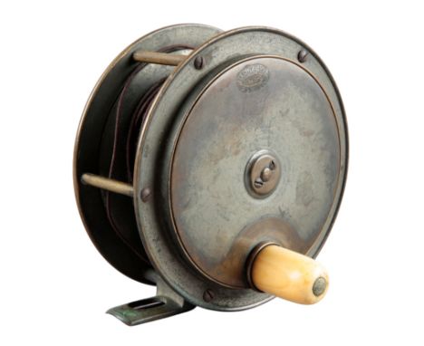 HARDY BIRMINGHAM: A 4 1/4" BRASS PLATE WIND FISHING REEL with raised check, perforated brass foot and ivorine handle, stamped