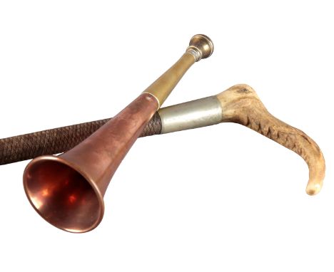 A GENTLEMAN'S ANTLER HANDLE HUNTING CROPwith silver-plated collar and leather plaited shaft, 58cm; together with a copper and